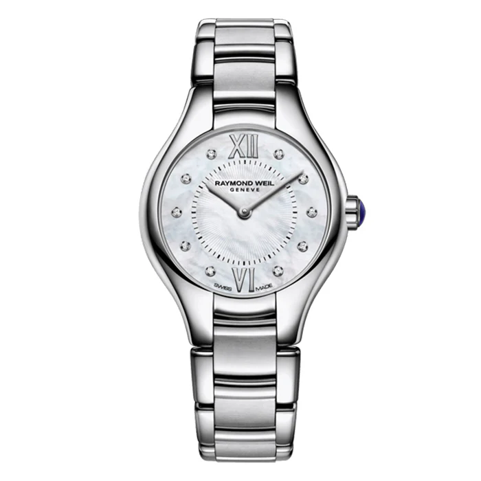 Raymond Weil Noemia Ladies Quartz Stainless Steel 10 Diamond Watch, 24 Mm Stainless Steel, White Mother-of-pearl Dial, 10 Diamonds 5124-st-00985|