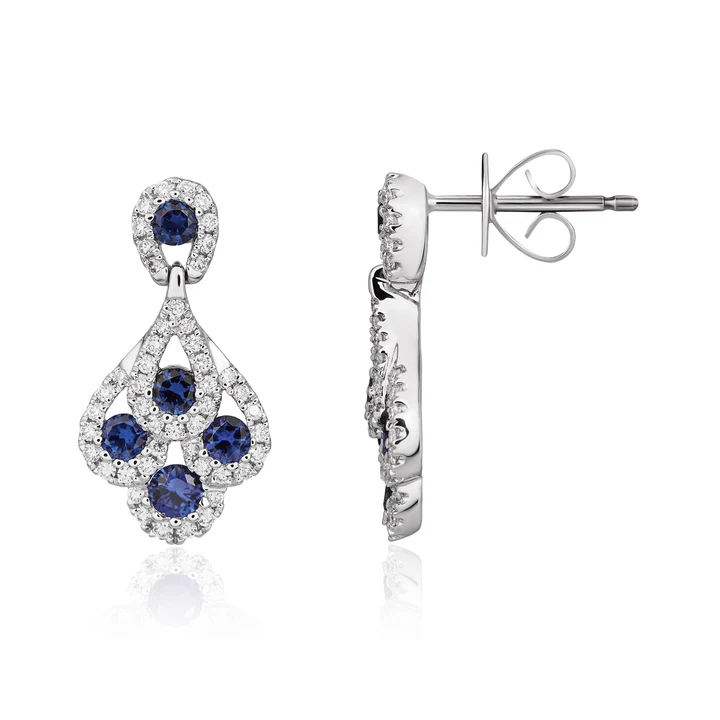 18ct White Gold Round Sapphire & Diamond Peacock Drop Earrings 21930