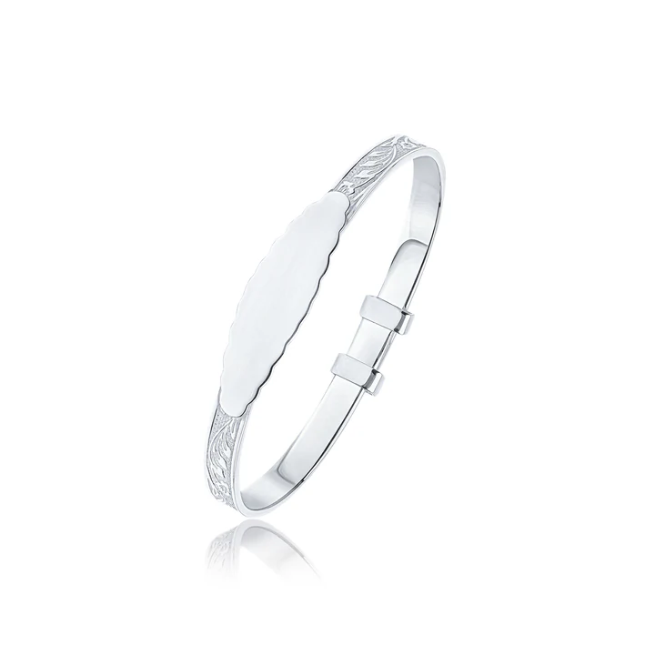 Sterling Silver 4mm Floral Baby Bangle With Id Name Plate