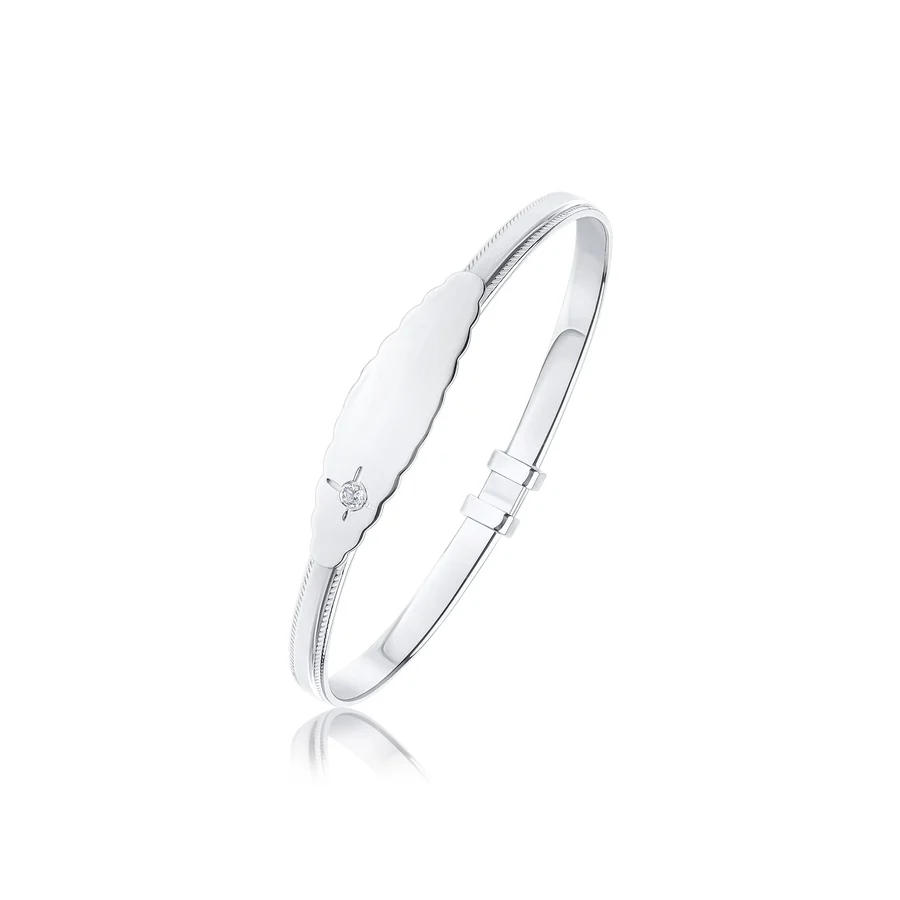 Sterling Silver 4mm Beaded Edge Baby Bangle With Id Engraving Plate & Cz Cubic Zirconia