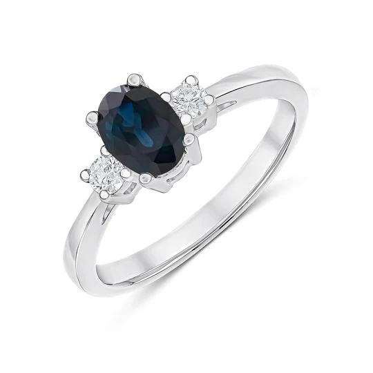 9ct White Gold Oval Sapphire And Diamond 3 Stone Set Ring 21922