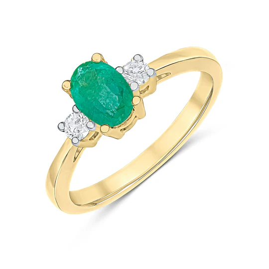 9ct Yellow Gold 7x5 Oval Emerald And Round Diamond Claw Set 3 Stone Ring
