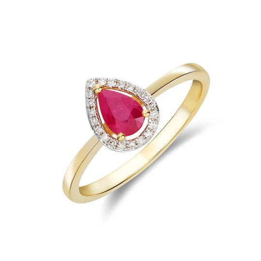 9ct Yellow Gold Pear Shape Ruby & Diamond Halo Cluster Ring