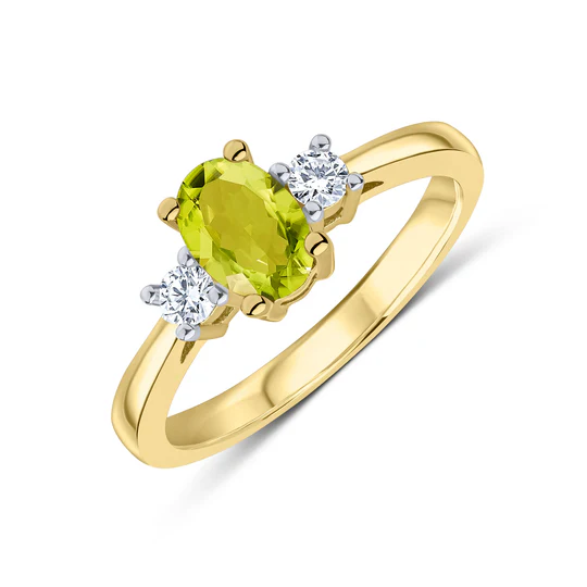9ct Yellow Gold Oval Peridot And Round Diamond Claw Set 3 Stone Ring