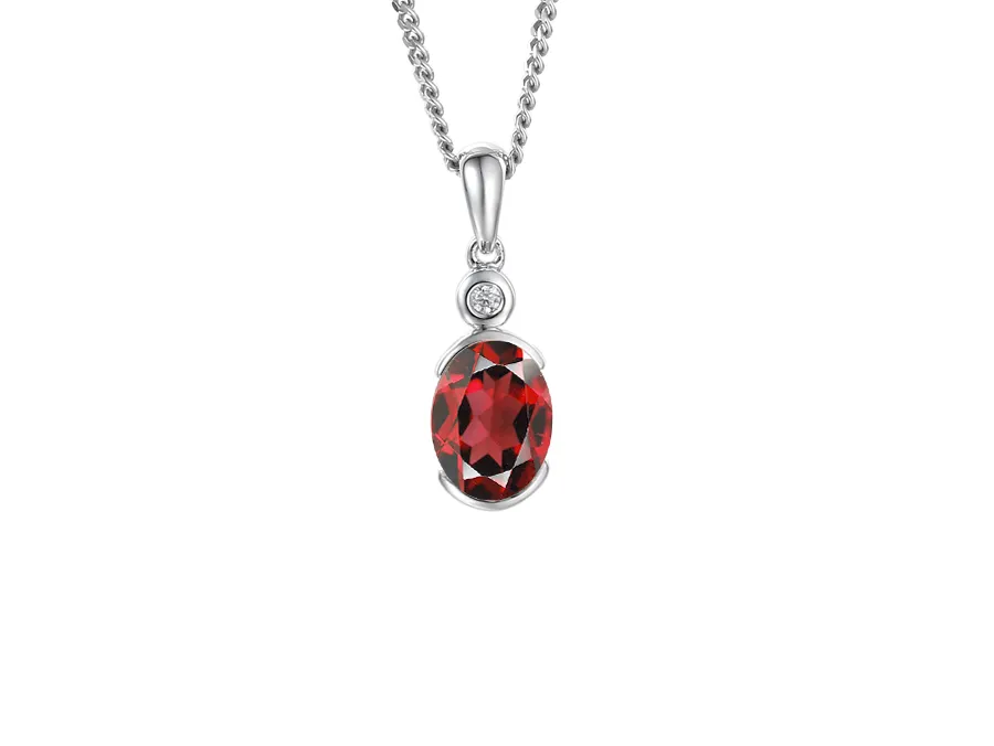 Sterling Silver Oval Genuine Garnet And Cz Necklace