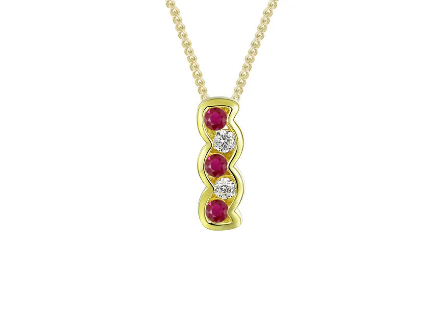 9ct Yellow Gold Ruby And Diamond 5 Stone Wavy Pendant