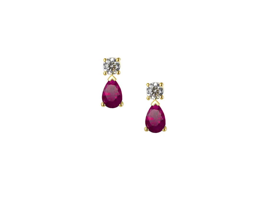 9ct Yellow Gold Ruby & Diamond Pear Shape Drop Earrings 18921