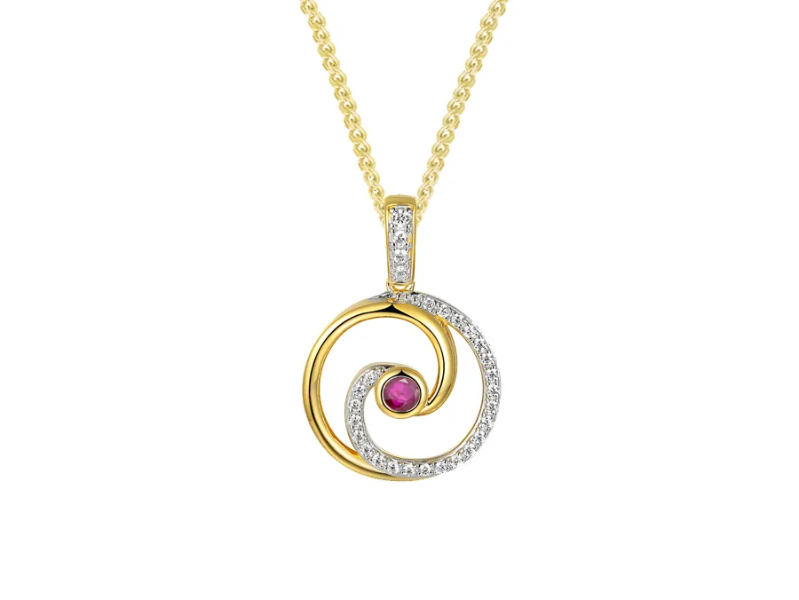 9ct Yellow Gold Ruby And Diamond Swirl Circle Pendant 19207