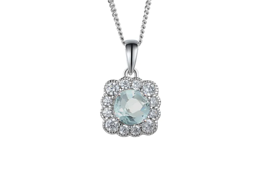 9ct White Gold Halo Style Aquamarine And Diamond Pendant 13668