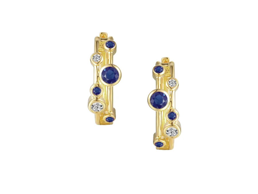 9ct Yellow Gold Sapphire & Diamond Rubover Set Half Hoop Earrings