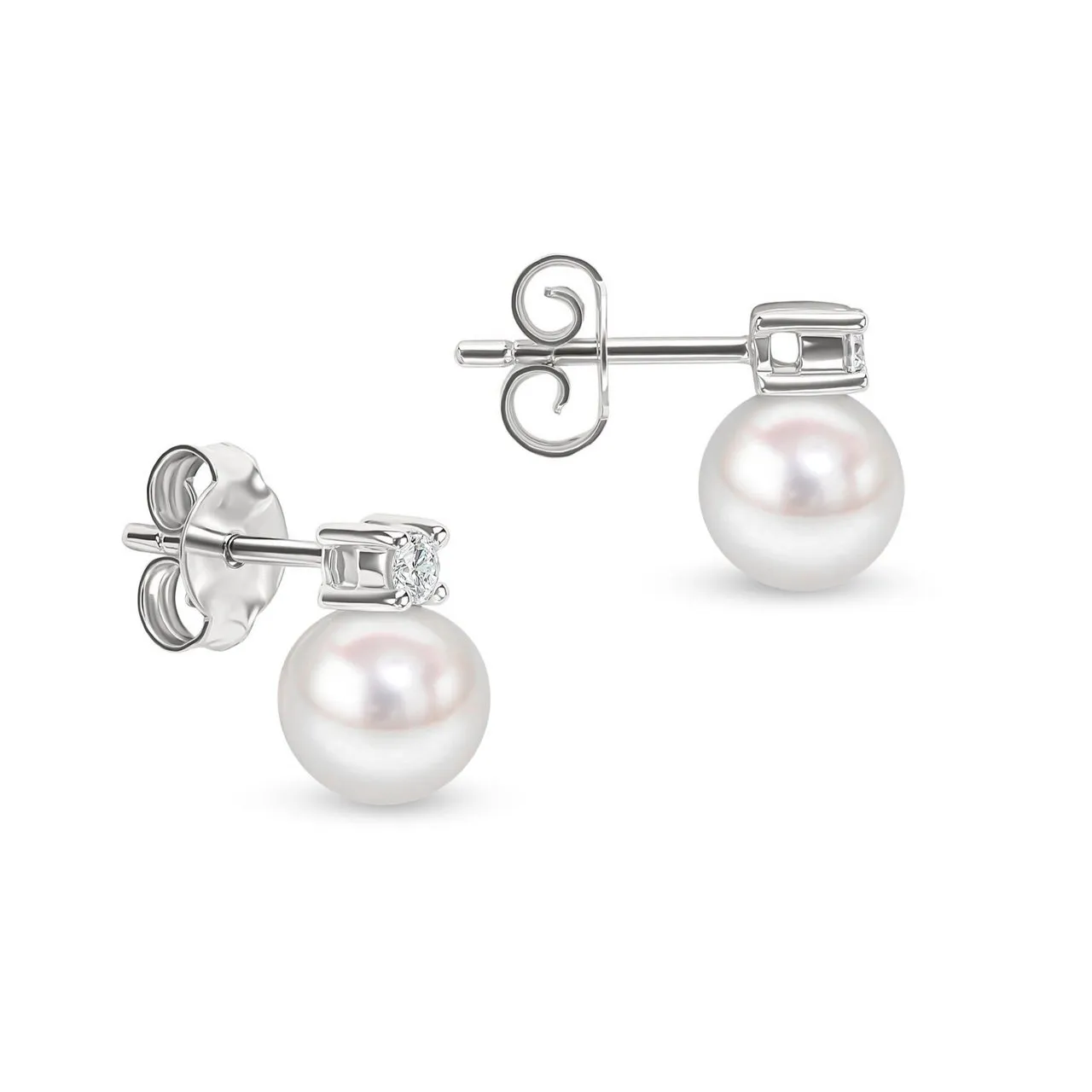 18ct White Gold Akoya Pearl And Diamond Stud Earrings .16ct 7.5mm X 8mm