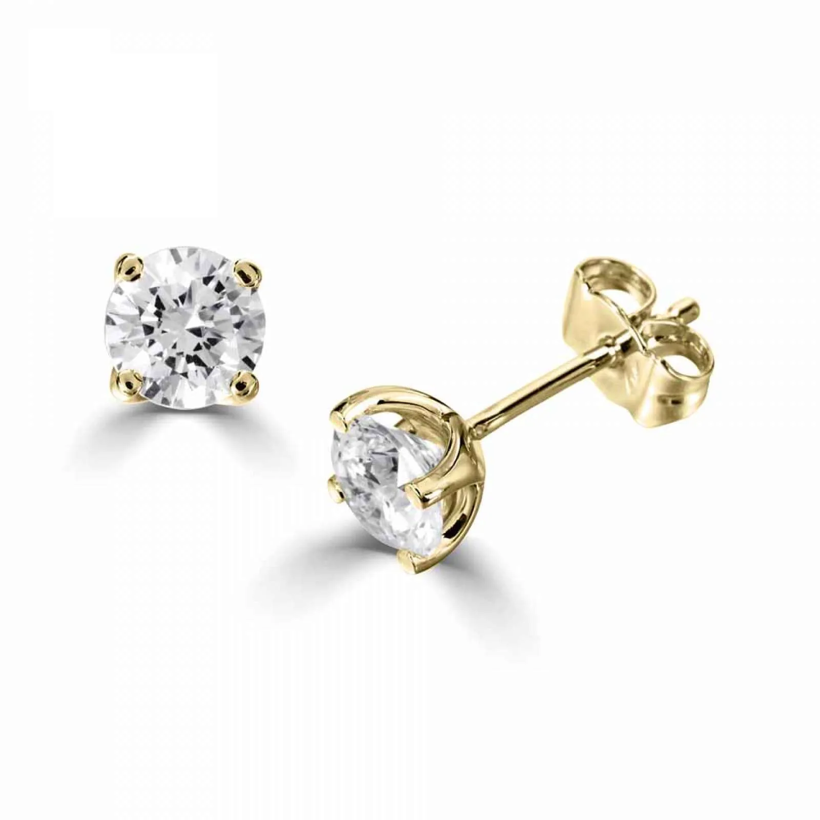 18ct Yellow Gold Four Claw Round Brilliant Cut Natural Diamond Stud Earrings 1ct