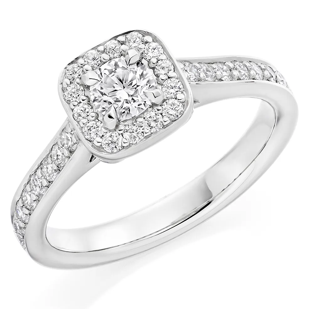 Platinum Halo Style Diamond Engagement Ring|with Diamond Set Shoulders|stated Colour G Stated Carat Weight .40ct|total Carat Weight .85ct