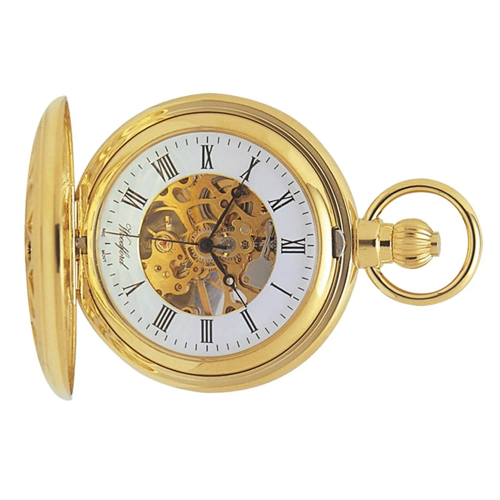 Woodford Sunburst Skeleton Gold Plated Pocket Watch With Chain