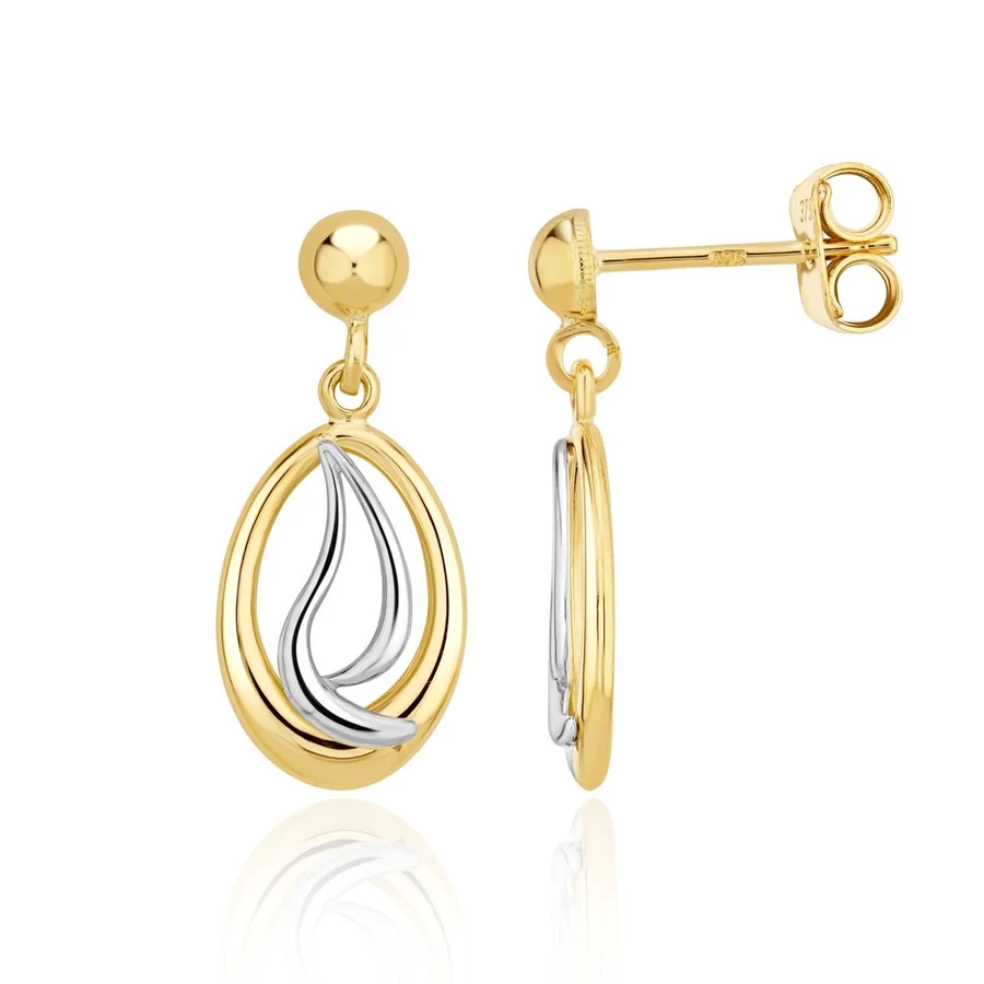 9ct Two Tone White & Yellow Gold Open Oval Waves Design Drop Earrings