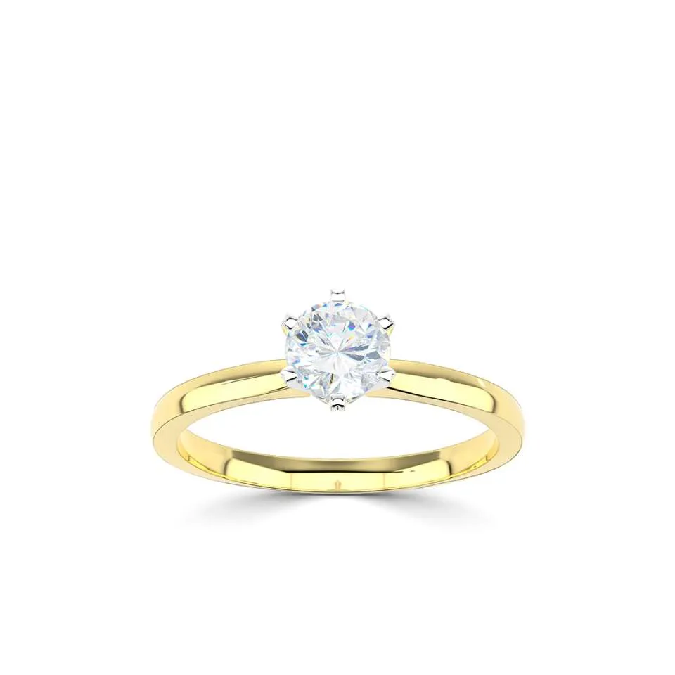 18ct Yellow Gold Round Brilliant Cut Lab Grown Diamond Enagagement Ring In Six Claw Tiffany Style Setting