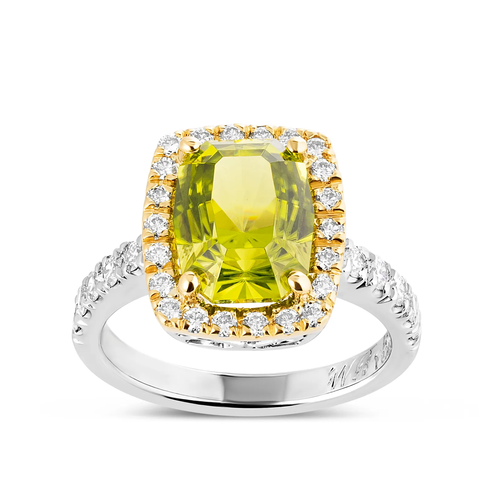 18ct White Gold Cushion Cut Peridot And Diamond Halo Style Ring From The Wehrly Bros 1875 Collection