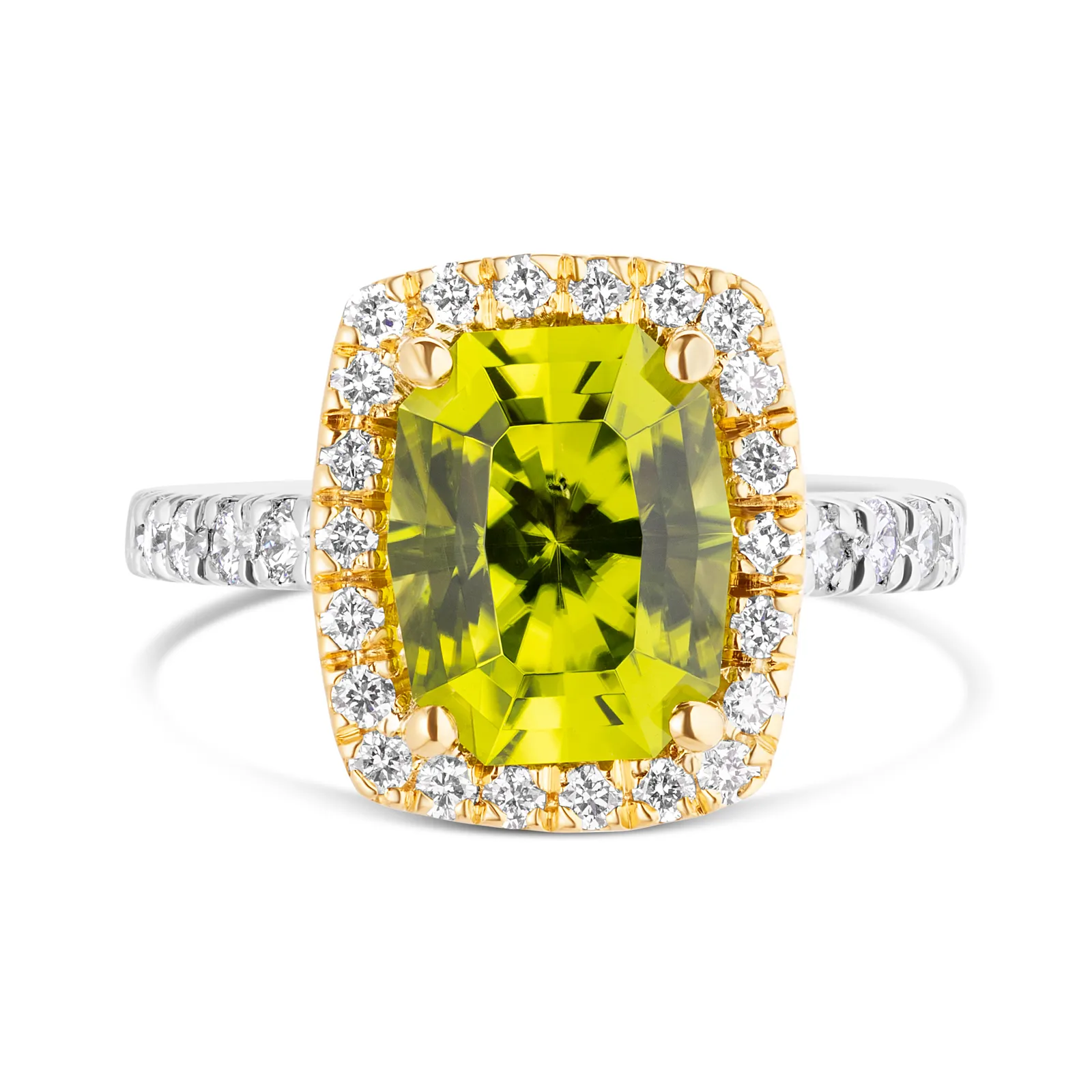 18ct White Gold Cushion Cut Peridot And Diamond Halo Style Ring From The Wehrly Bros 1875 Collection