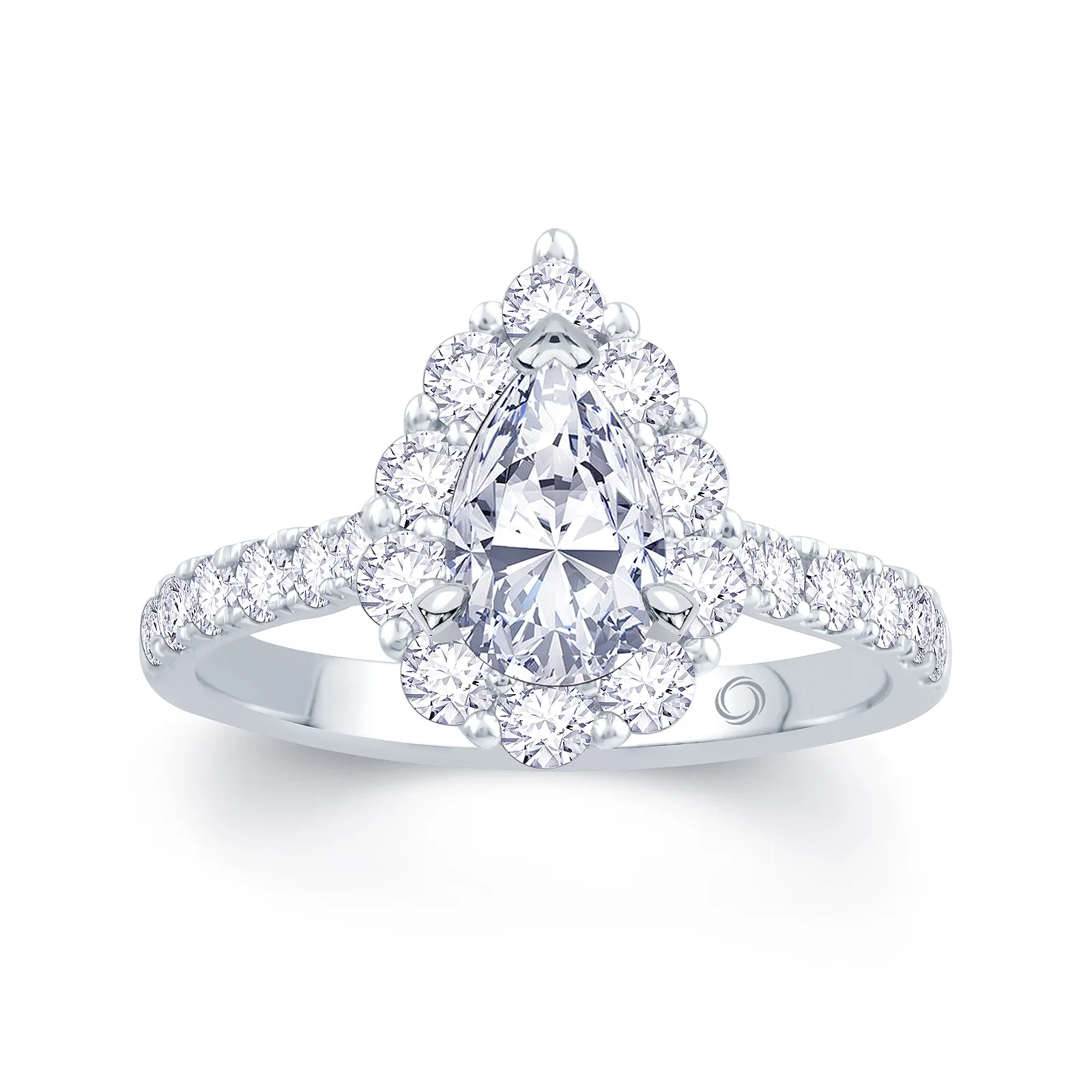 Platinum Halo Style Pear Shape Diamond Engagement Ring With Diamond Set Shoulders 15379