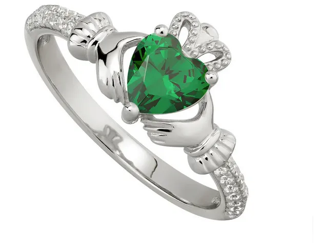 Sterling Silver Green & White Cz Claddagh Ring
