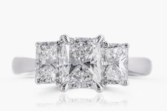 Platinum Three Stone Emerald Cut Diamond Engaement Ring 16756