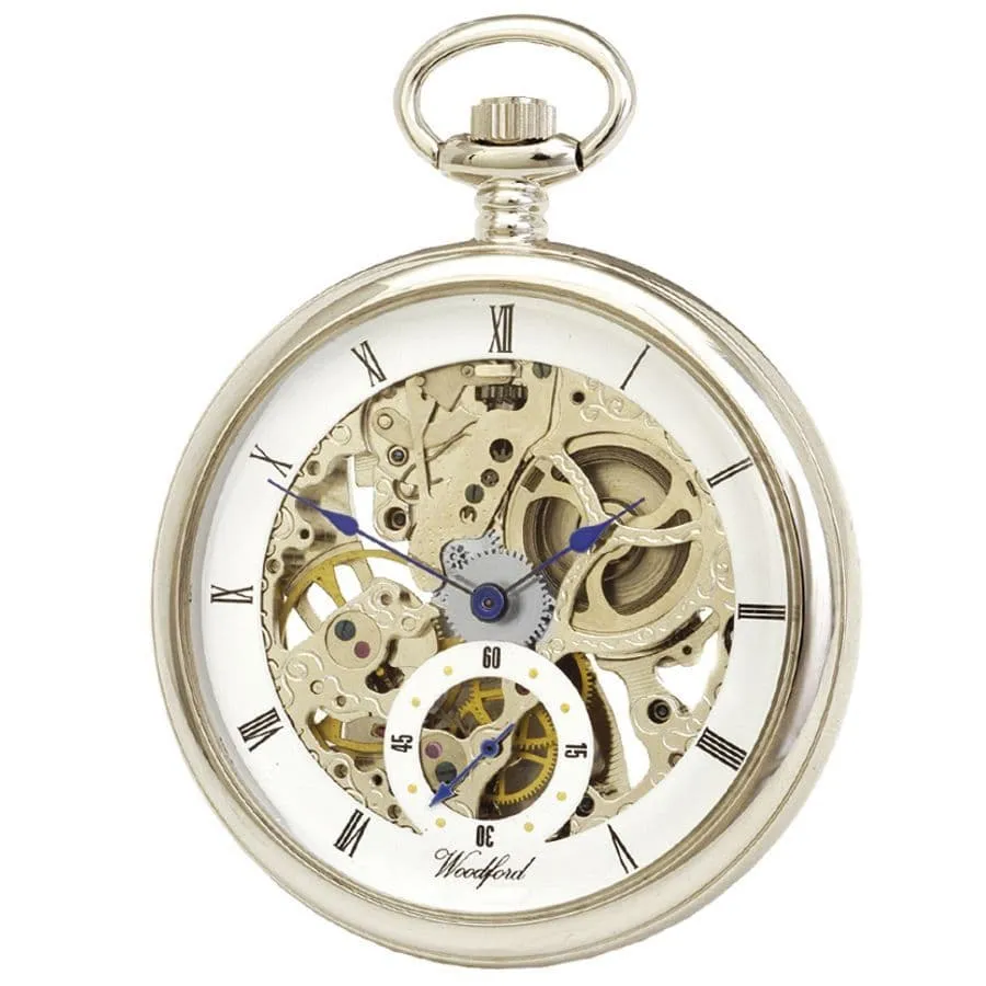 Woodford Chrome Plated Full Sized Skeleton Movement Pocket Watch 